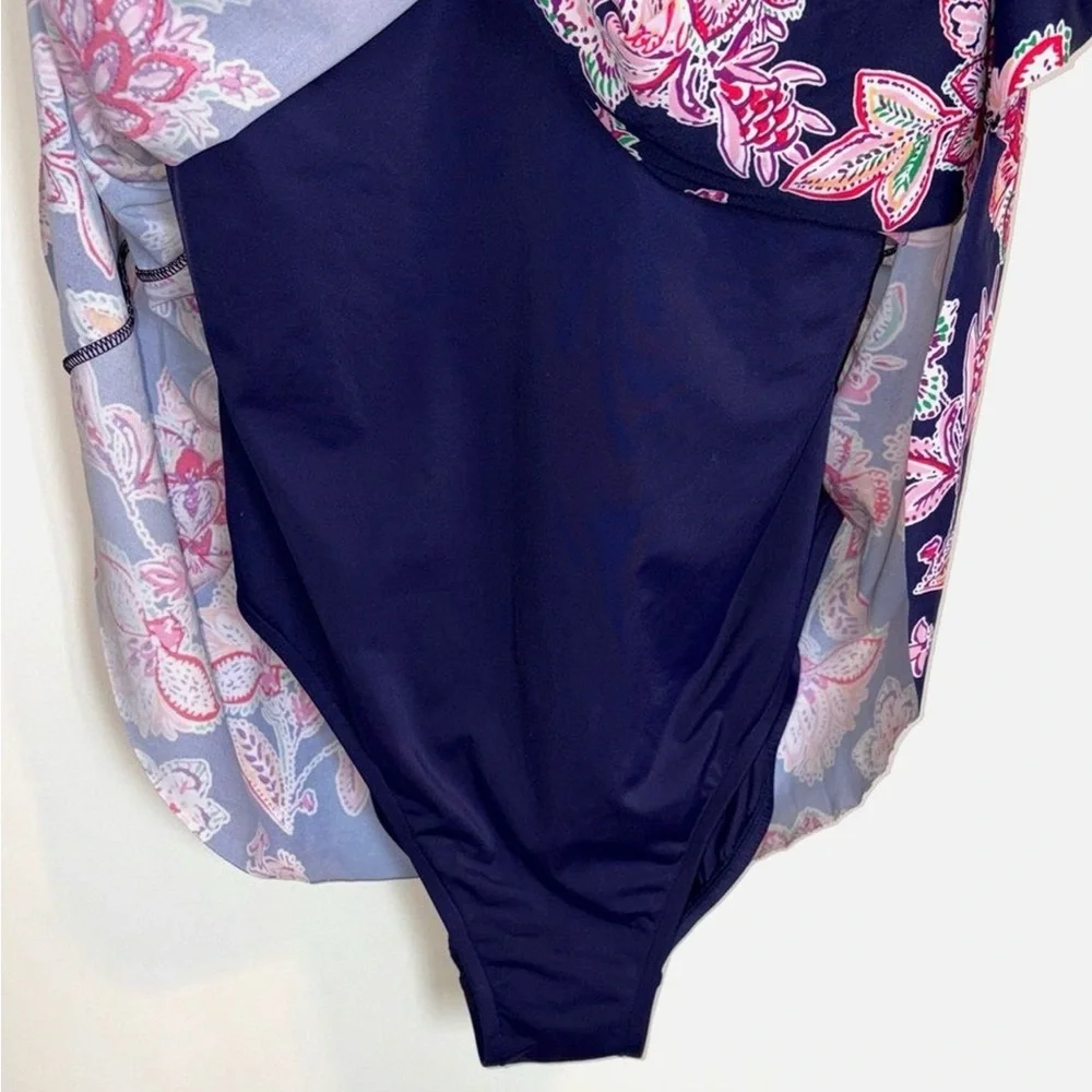 Swimsuits For All Size 28 Plus Floral Swim Dress Tummy Control Navy
